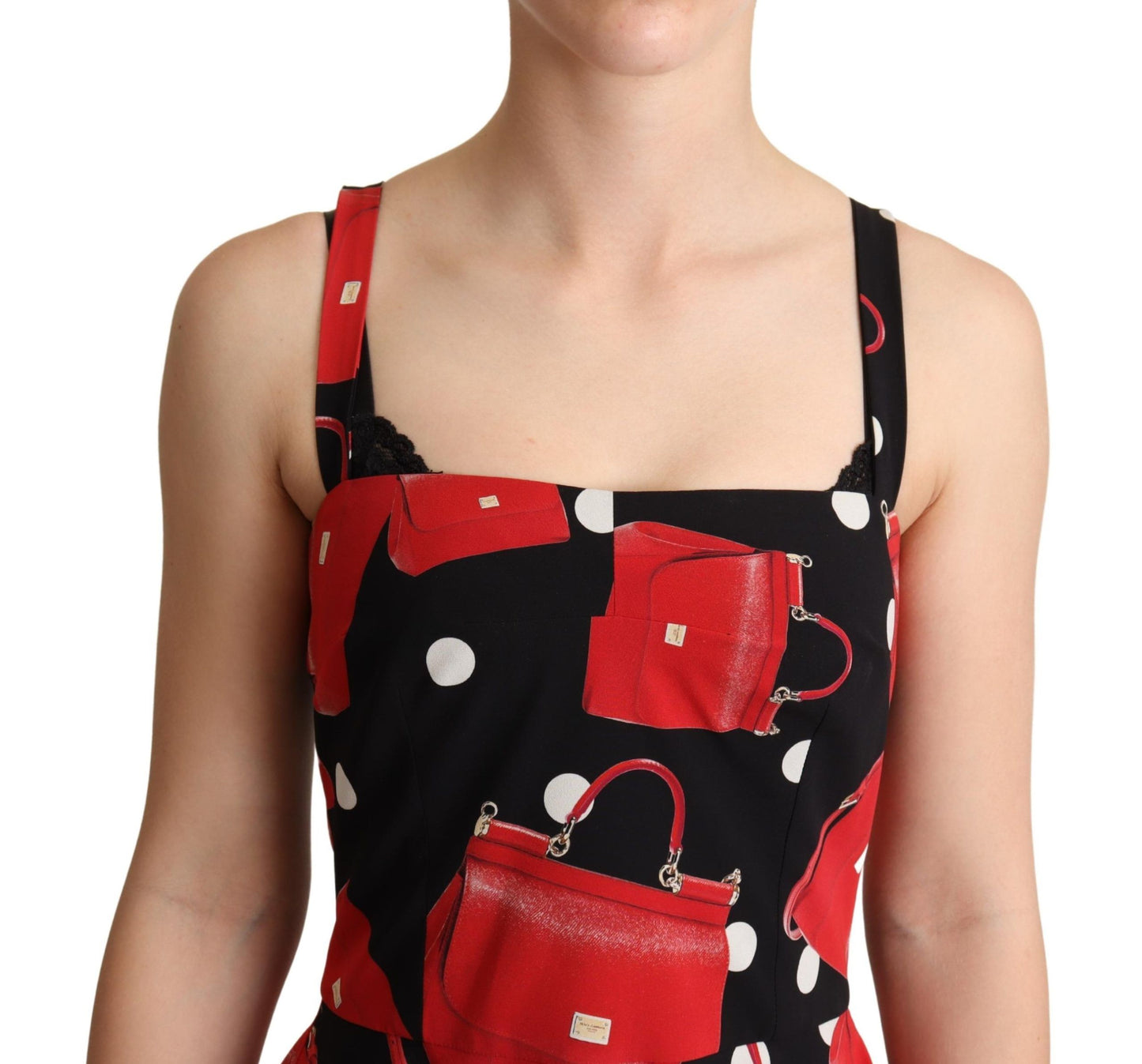 Dolce &amp; Gabbana – Mittellanges A-Linien-Kleid mit schwarzem und rotem Taschendruck