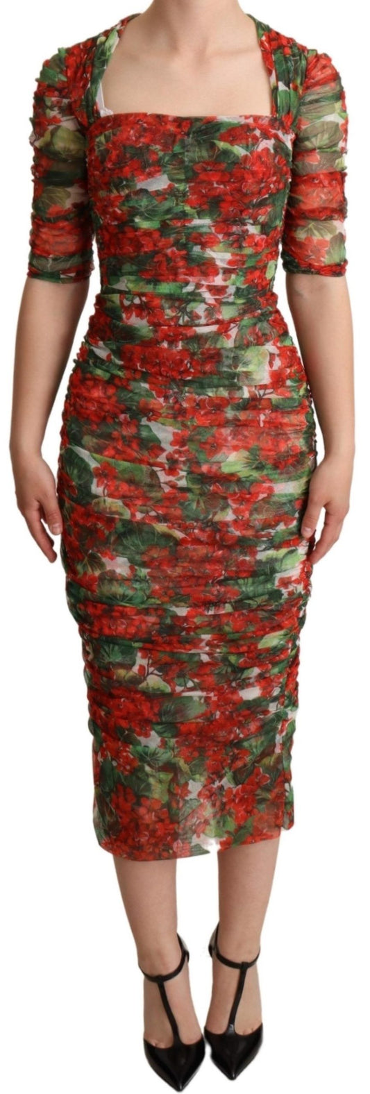 Dolce &amp; Gabbana – Rotes Etui-Midikleid aus Tüll mit Blumenmuster