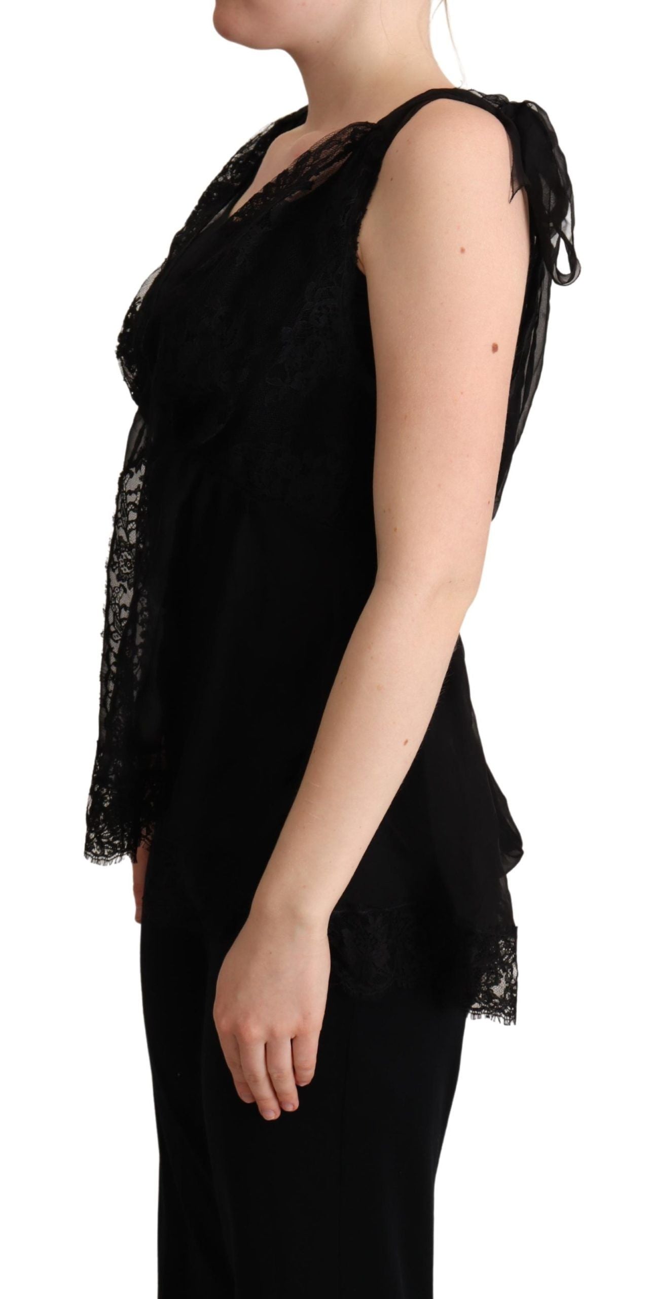 Dolce &amp; Gabbana – Schwarzes Camisole-Tanktop aus Seide mit Spitzenbesatz