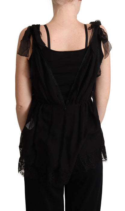 Dolce &amp; Gabbana – Schwarzes Camisole-Tanktop aus Seide mit Spitzenbesatz