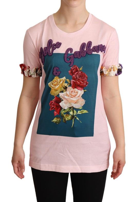 Dolce &amp; Gabbana – Rosafarbenes Baumwoll-T-Shirt mit Rundhalsausschnitt und Rosenmotiv