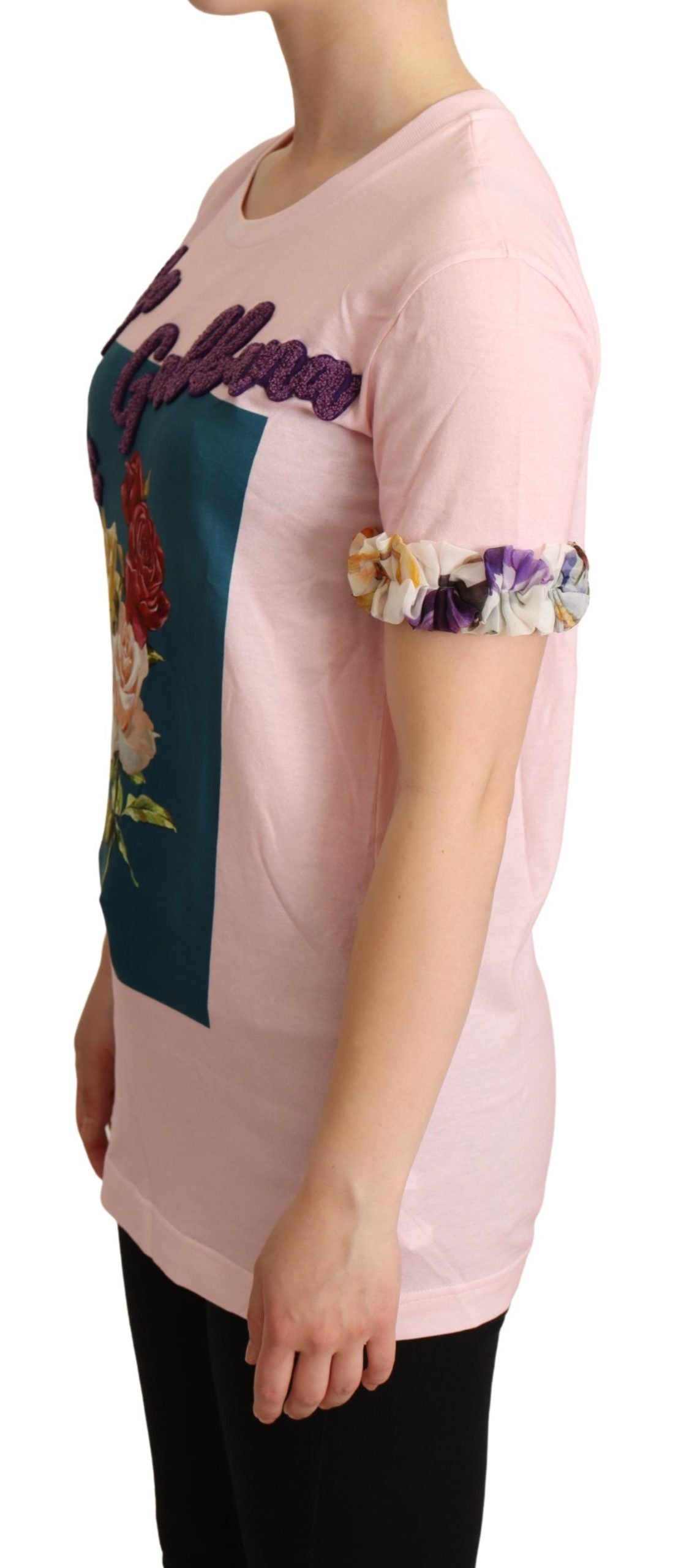 Dolce &amp; Gabbana – Rosafarbenes Baumwoll-T-Shirt mit Rundhalsausschnitt und Rosenmotiv