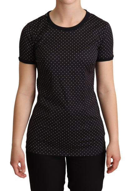 Dolce &amp; Gabbana Schwarzes gepunktetes Baumwoll-T-Shirt mit Rundhalsausschnitt