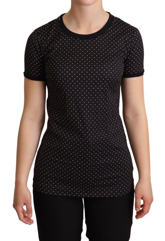 Dolce &amp; Gabbana Schwarzes gepunktetes Baumwoll-T-Shirt mit Rundhalsausschnitt