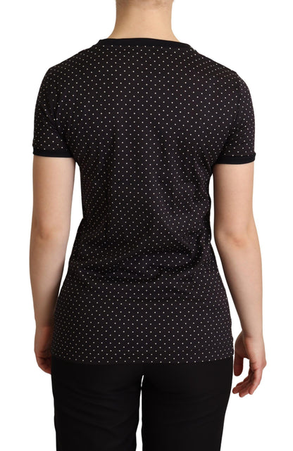Dolce &amp; Gabbana Schwarzes gepunktetes Baumwoll-T-Shirt mit Rundhalsausschnitt