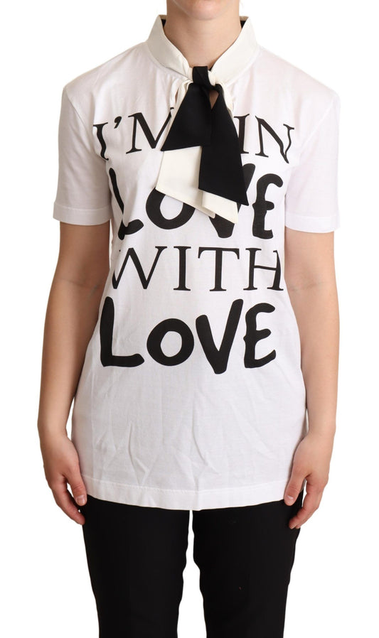 Dolce &amp; Gabbana – Weißes T-Shirt aus Baumwoll-Seiden-Mischgewebe mit Ascot-Kragen