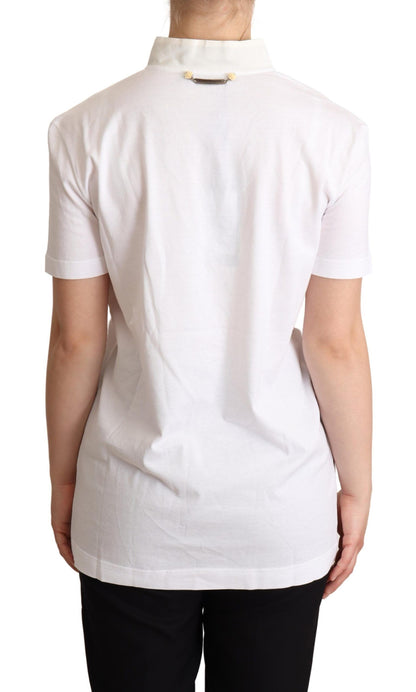 Dolce &amp; Gabbana – Weißes T-Shirt aus Baumwoll-Seiden-Mischgewebe mit Ascot-Kragen