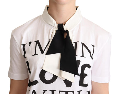 Dolce &amp; Gabbana – Weißes T-Shirt aus Baumwoll-Seiden-Mischgewebe mit Ascot-Kragen