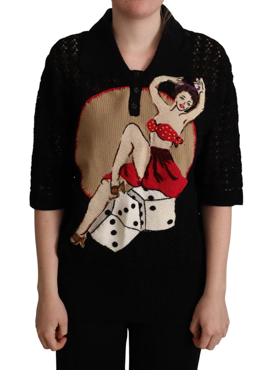 Dolce &amp; Gabbana – Schwarzer, bestickter Strickpullover aus Baumwolle
