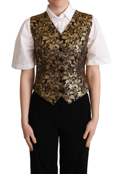 Dolce &amp; Gabbana Weste-Cardigan aus schwarzgoldener Jacquard-Seide