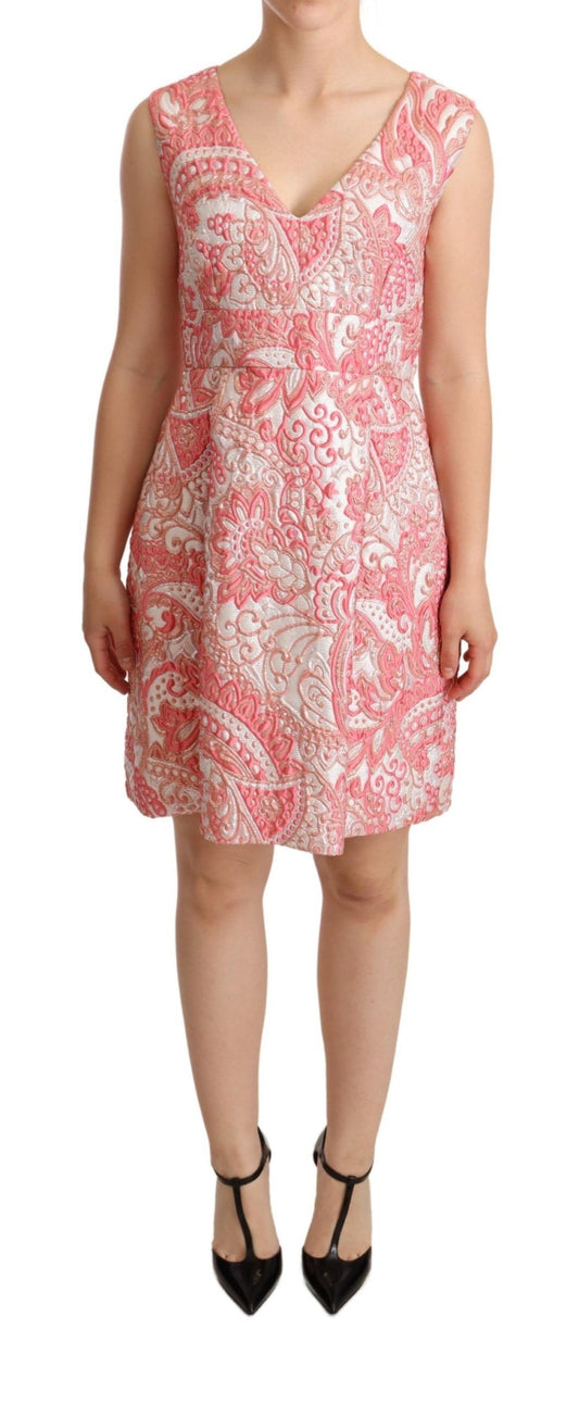 Dolce &amp; Gabbana – Rosafarbenes Etuikleid aus geblümtem Jacquard mit Plissee