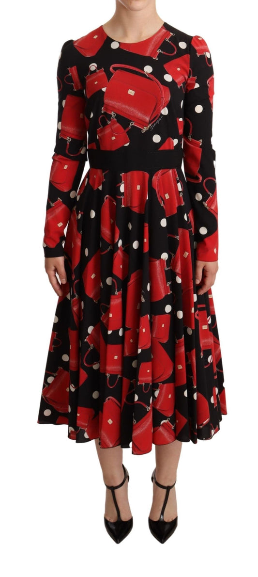Dolce &amp; Gabbana Schwarzes ausgestelltes Midikleid mit Sicily-Taschen-Print