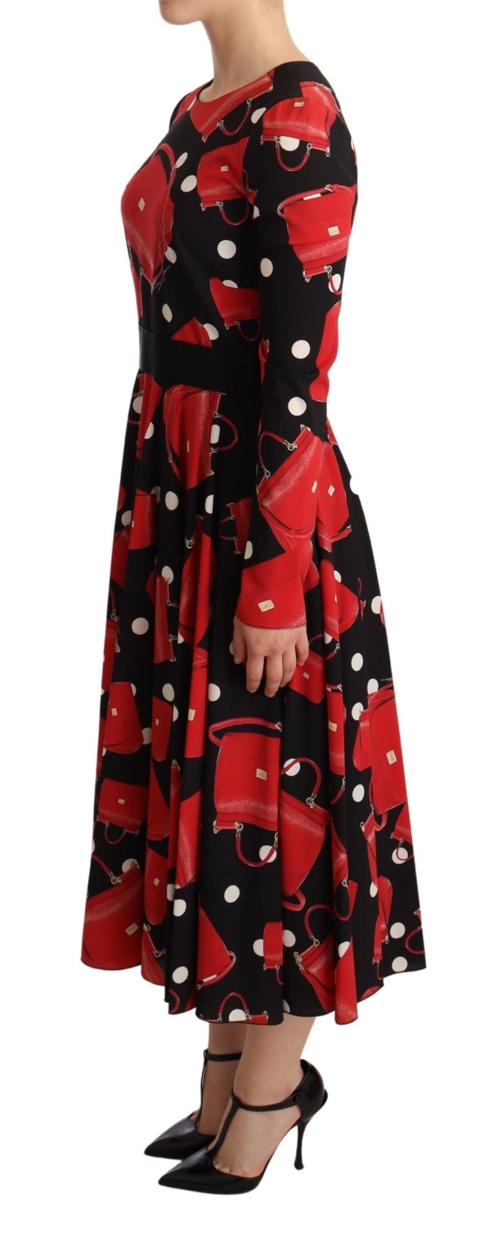 Dolce &amp; Gabbana Schwarzes ausgestelltes Midikleid mit Sicily-Taschen-Print