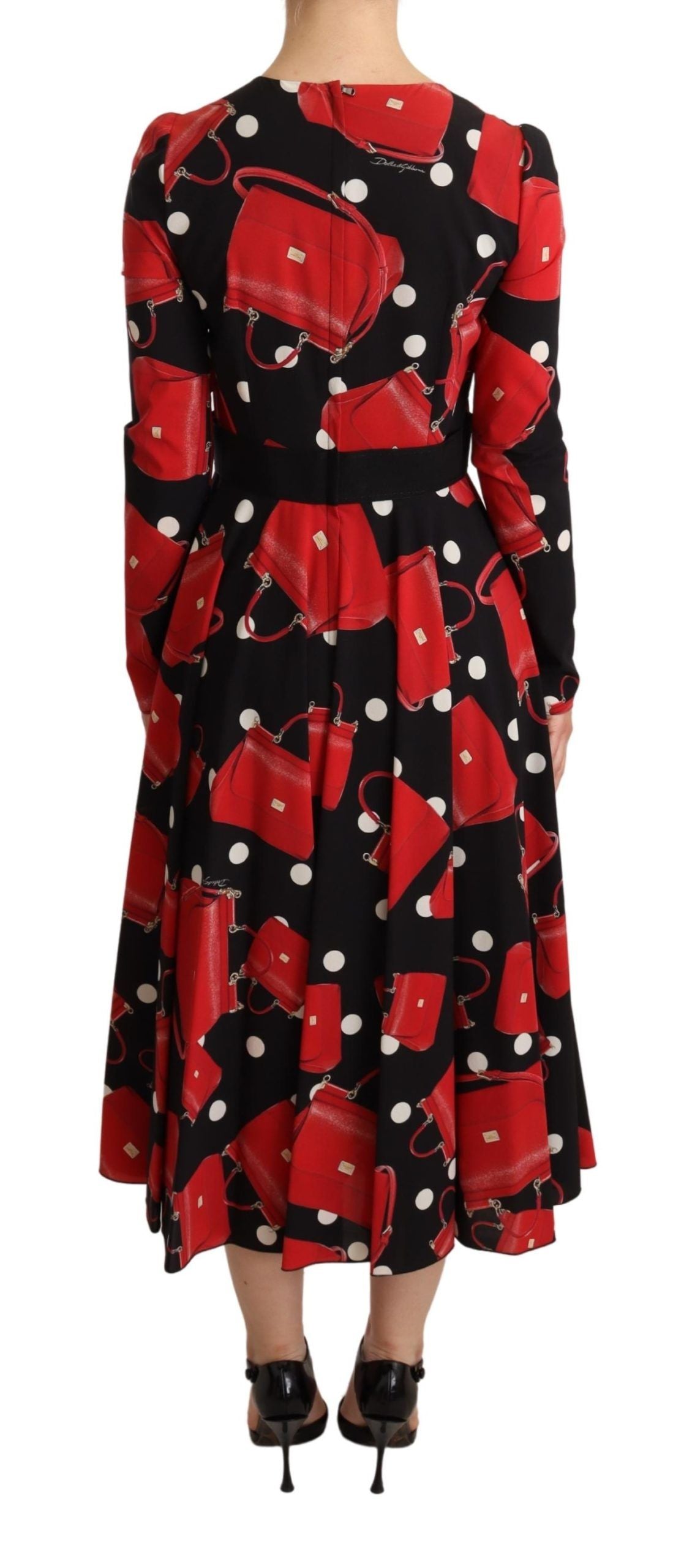Dolce &amp; Gabbana Schwarzes ausgestelltes Midikleid mit Sicily-Taschen-Print