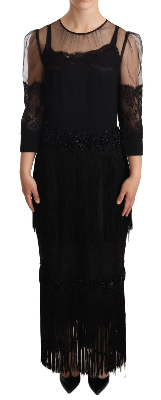 Dolce &amp; Gabbana – Schwarzes, transparentes Maxikleid aus floraler Spitze mit Kristallen