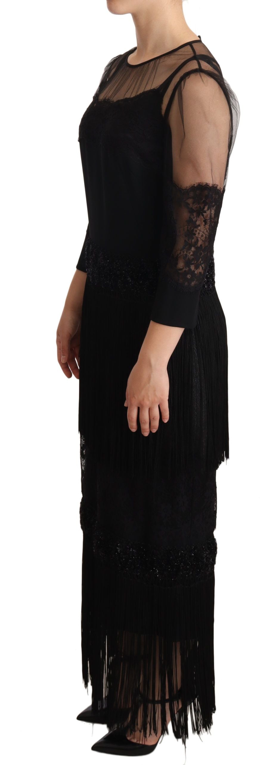 Dolce &amp; Gabbana – Schwarzes, transparentes Maxikleid aus floraler Spitze mit Kristallen