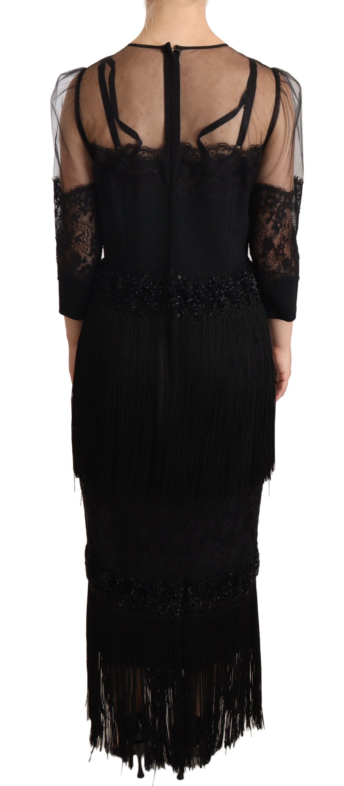 Dolce &amp; Gabbana – Schwarzes, transparentes Maxikleid aus floraler Spitze mit Kristallen