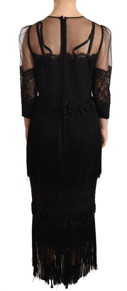 Dolce &amp; Gabbana – Schwarzes, transparentes Maxikleid aus floraler Spitze mit Kristallen