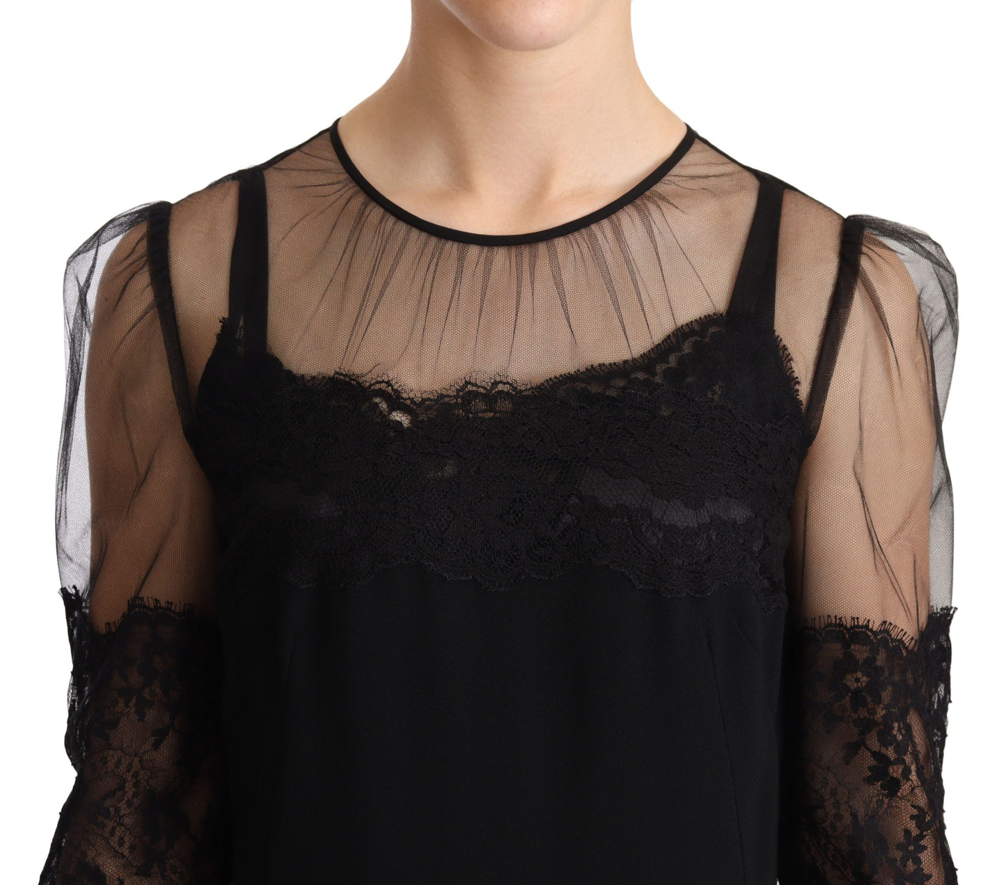 Dolce &amp; Gabbana – Schwarzes, transparentes Maxikleid aus floraler Spitze mit Kristallen