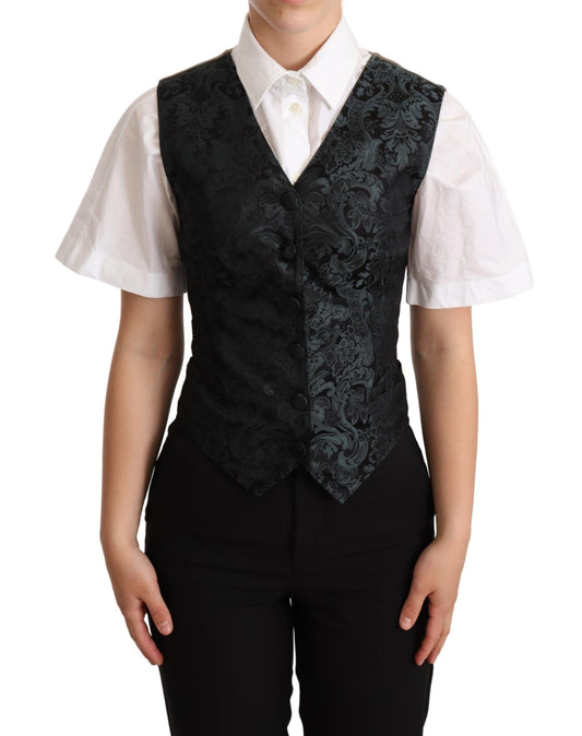 Dolce &amp; Gabbana Schwarze Jacquard-Weste mit Blumenmuster Grün