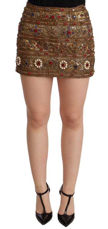 Dolce &amp; Gabbana – Hochtaillierter Jacquardrock mit goldenen Kristallen