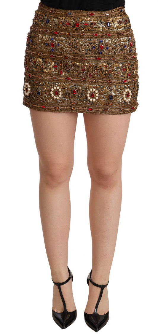 Dolce &amp; Gabbana – Hochtaillierter Jacquardrock mit goldenen Kristallen
