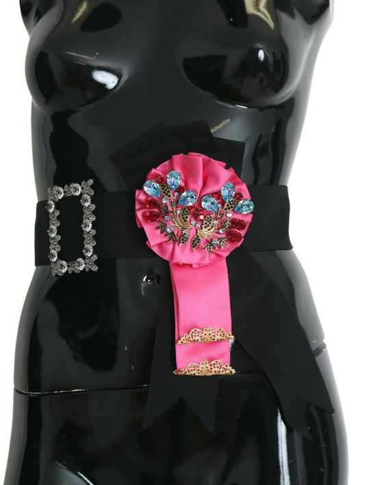 Dolce &amp; Gabbana – Baumwollgürtel mit Blumenbrosche und Kristallen in Schwarz und Rosa