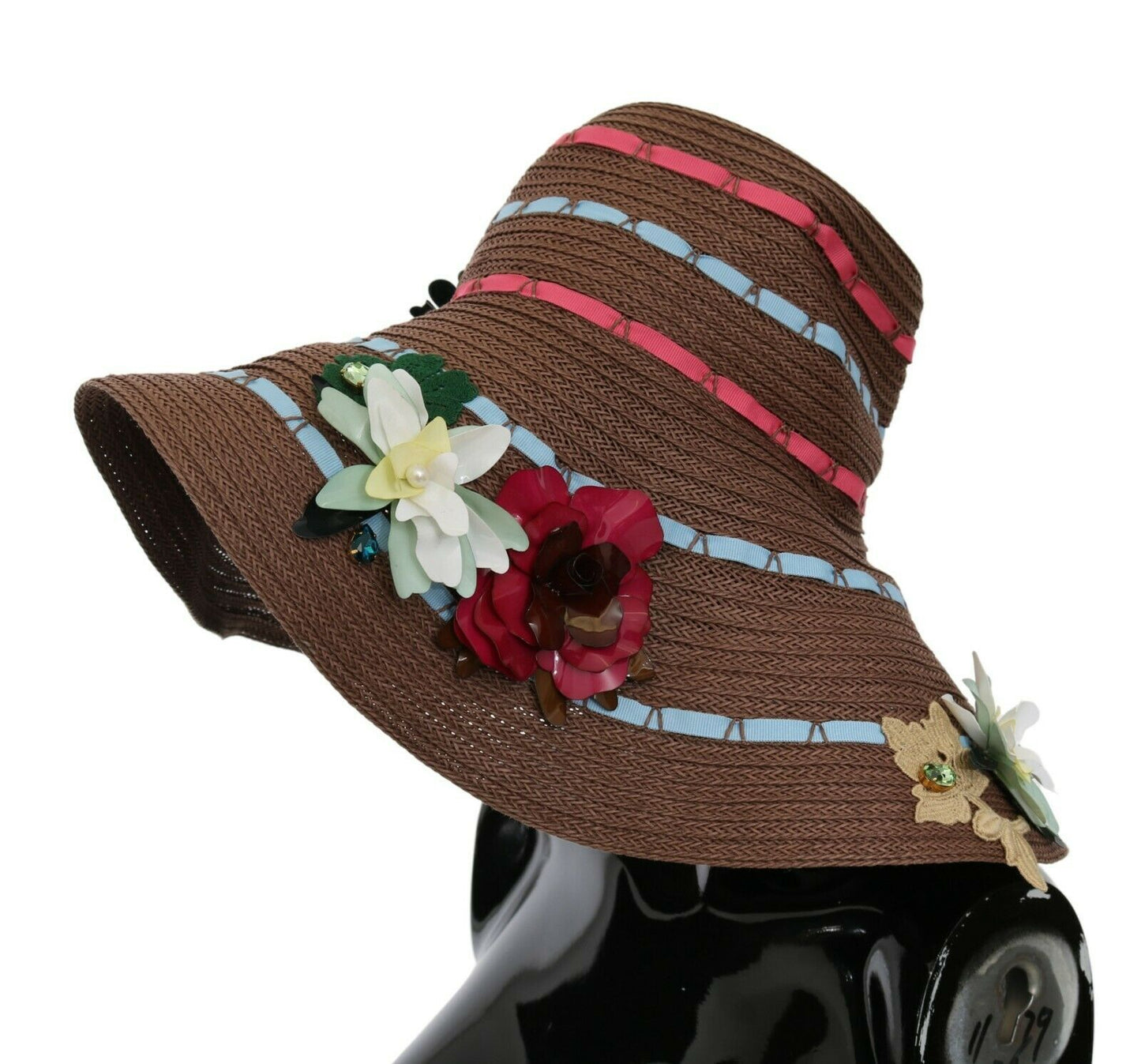 Dolce &amp; Gabbana – Brauner Strickhut aus Stroh mit Blumenmuster