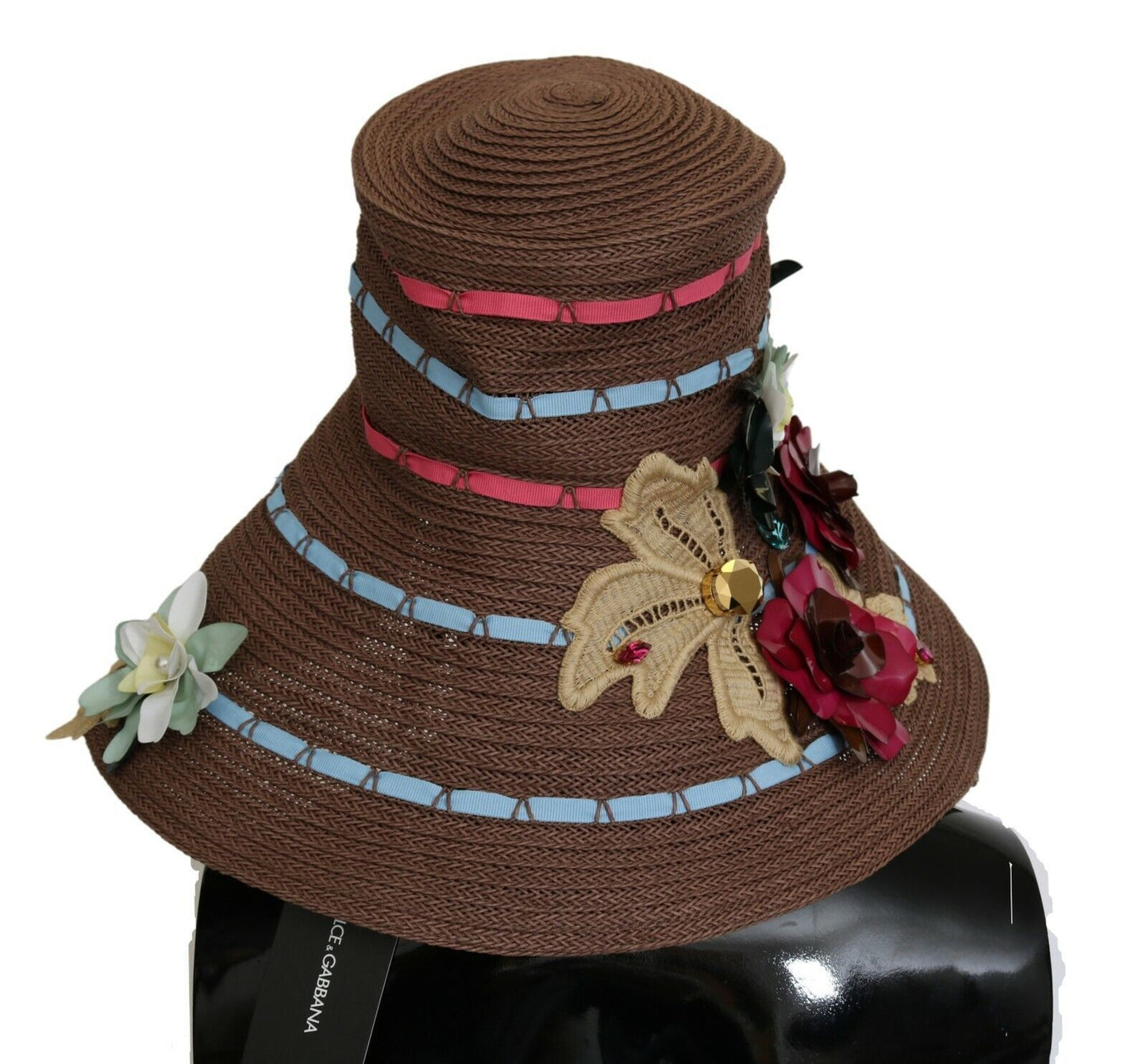 Dolce &amp; Gabbana – Brauner Strickhut aus Stroh mit Blumenmuster