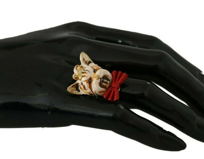 Dolce &amp; Gabbana Gold Messing Harz Beige Hund Haustier Marke Accessoire Ring