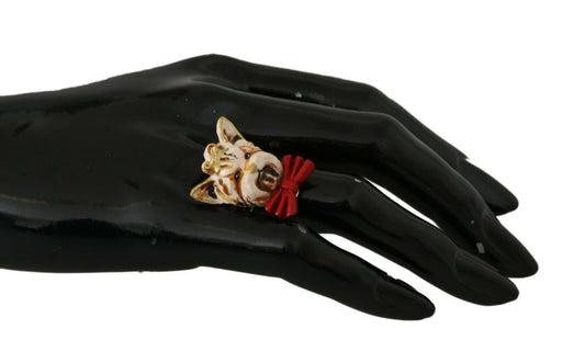 Dolce &amp; Gabbana Gold Messing Harz Beige Hund Haustier Marke Accessoire Ring