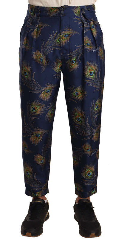 Dolce &amp; Gabbana – Karottenhose aus Seide mit blauem Pfauenmuster