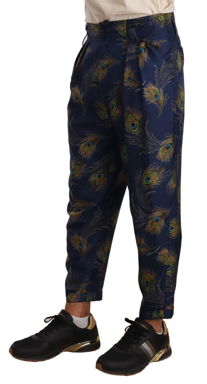 Dolce &amp; Gabbana – Karottenhose aus Seide mit blauem Pfauenmuster