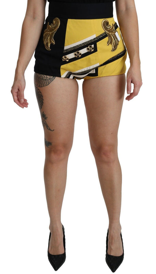 Dolce &amp; Gabbana Gelb-schwarze Hotpants-Shorts aus Baumwolle mit Schmucksteinen