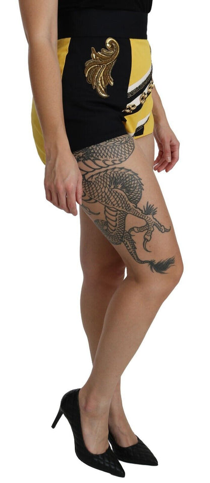 Dolce &amp; Gabbana Gelb-schwarze Hotpants-Shorts aus Baumwolle mit Schmucksteinen