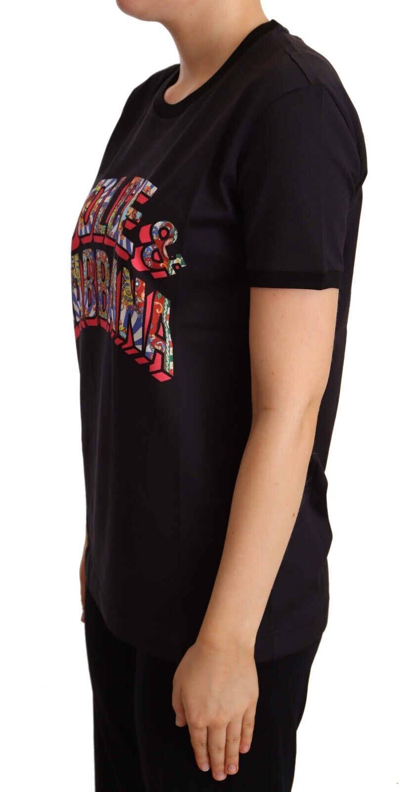 Dolce &amp; Gabbana – Schwarzes T-Shirt mit Rundhalsausschnitt und großem Aufdruck aus Baumwolle