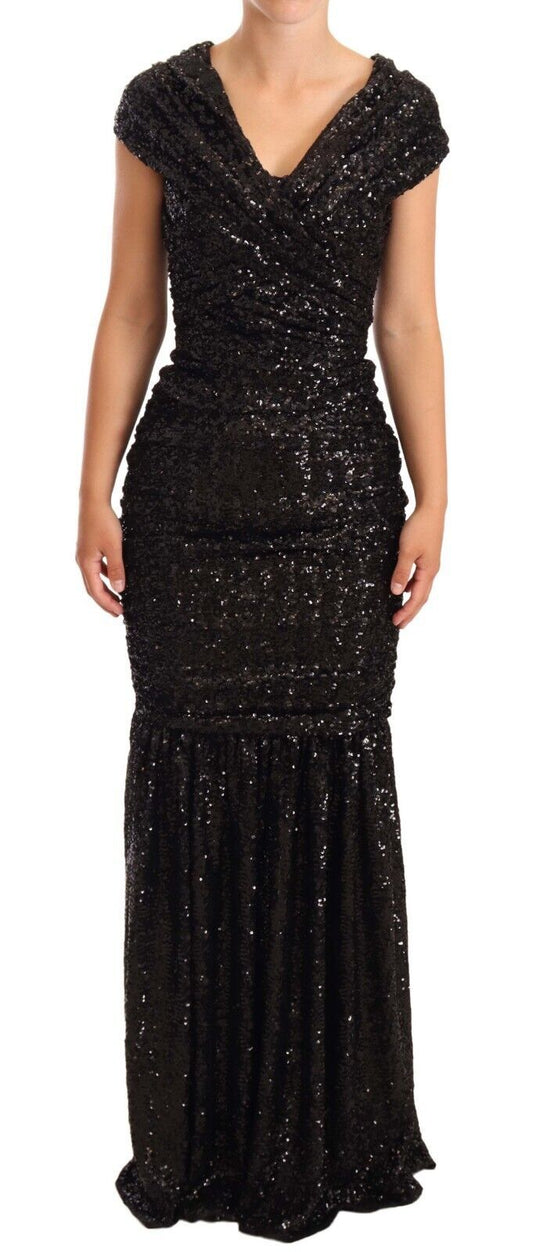 Dolce &amp; Gabbana – Langes, schulterfreies Kleid mit schwarzen Pailletten