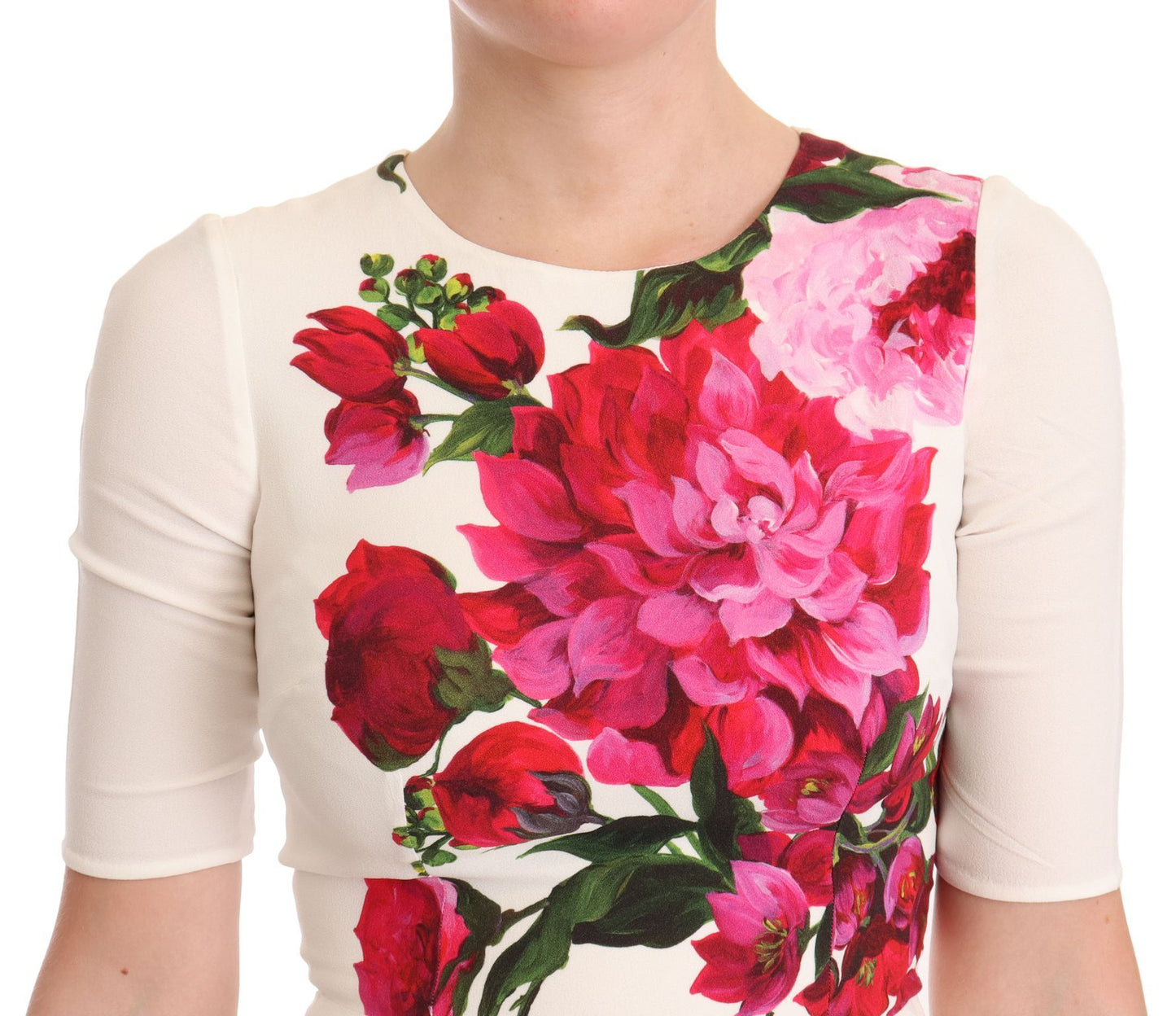 Dolce &amp; Gabbana – Weißes Midikleid aus Crêpe mit Blumenmuster und Schlitz
