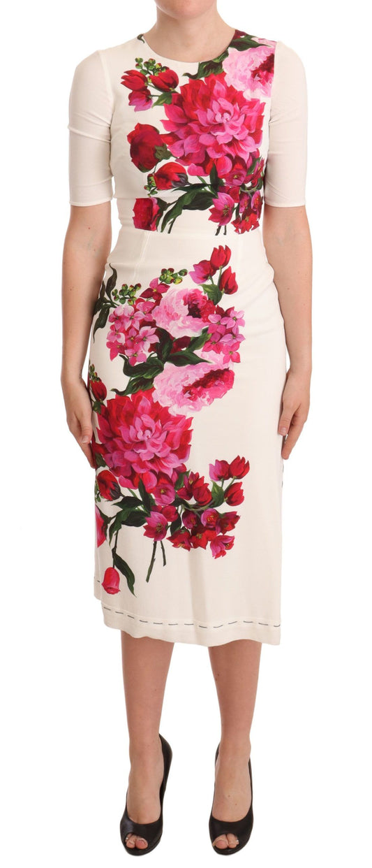 Dolce &amp; Gabbana – Weißes Midikleid aus Crêpe mit Blumenmuster und Schlitz