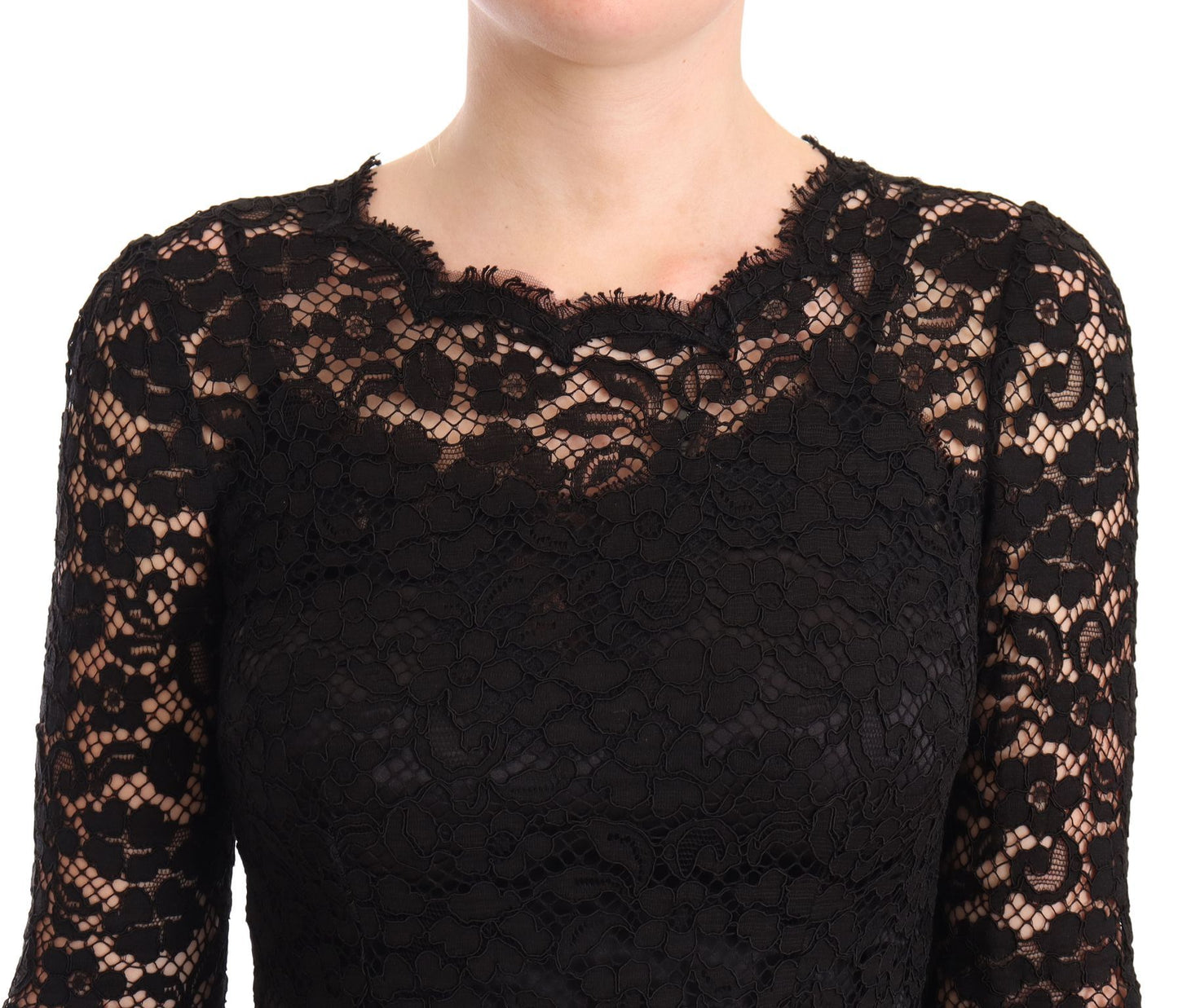 Dolce &amp; Gabbana – Schwarzes Meerjungfrauenkleid mit langen Ärmeln aus Baumwollspitze