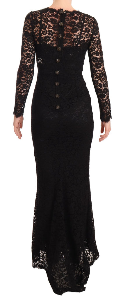 Dolce &amp; Gabbana – Schwarzes Meerjungfrauenkleid mit langen Ärmeln aus Baumwollspitze