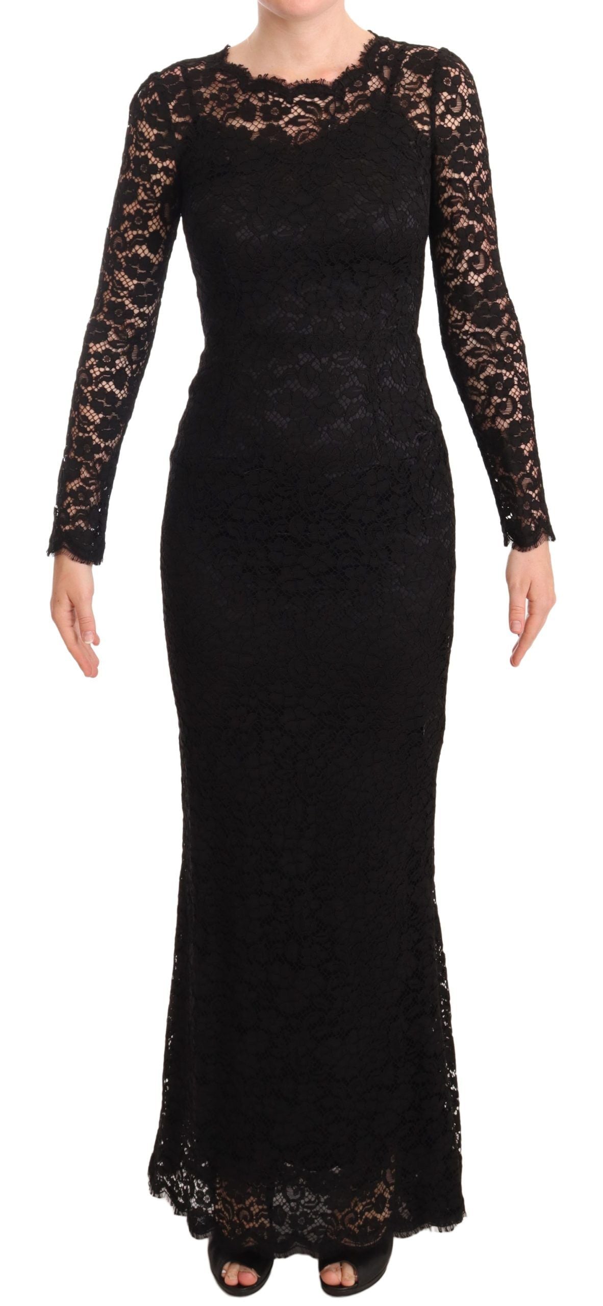 Dolce &amp; Gabbana – Schwarzes Meerjungfrauenkleid mit langen Ärmeln aus Baumwollspitze
