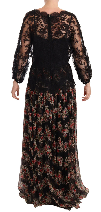 Dolce &amp; Gabbana – Maxi-Caprikleid mit Blumenmuster und schwarzer Spitze
