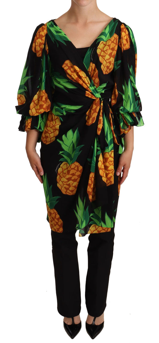 Dolce &amp; Gabbana – Schwarzes Wickelkleid aus Stretchseide mit Ananas-Print