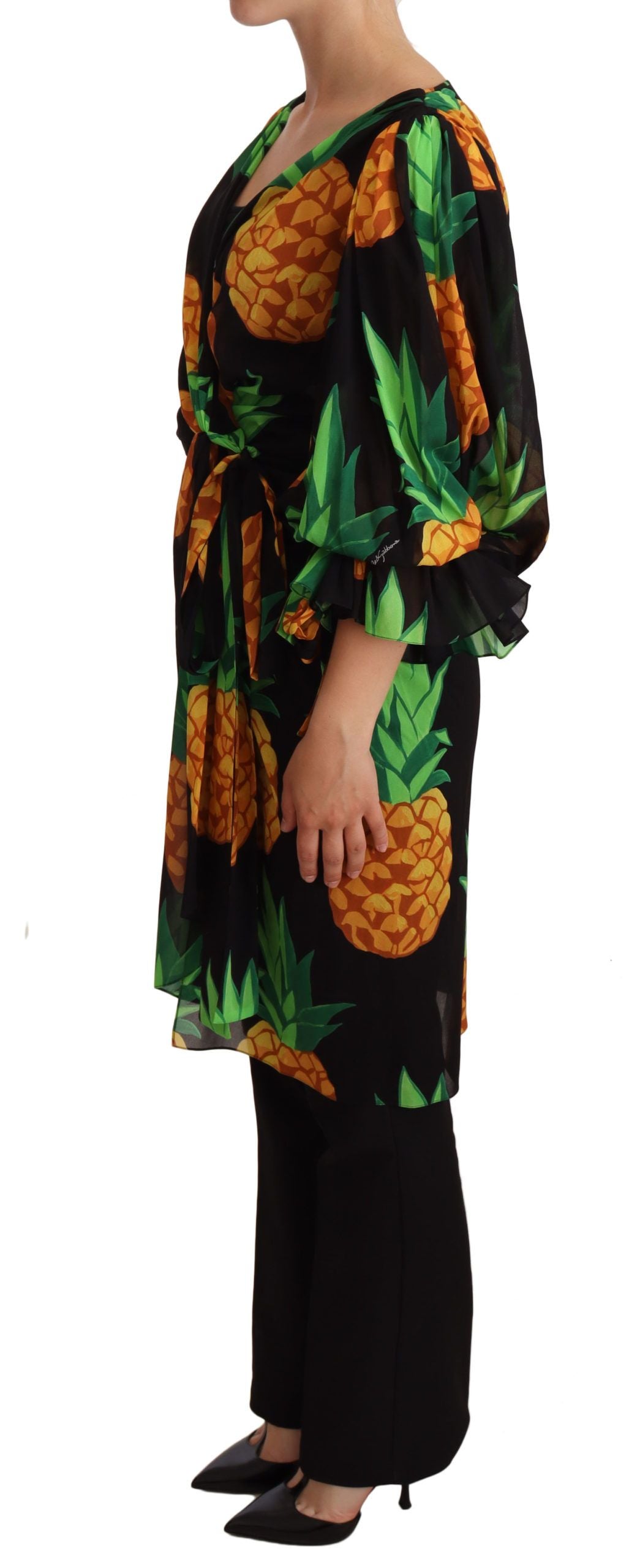Dolce &amp; Gabbana – Schwarzes Wickelkleid aus Stretchseide mit Ananas-Print