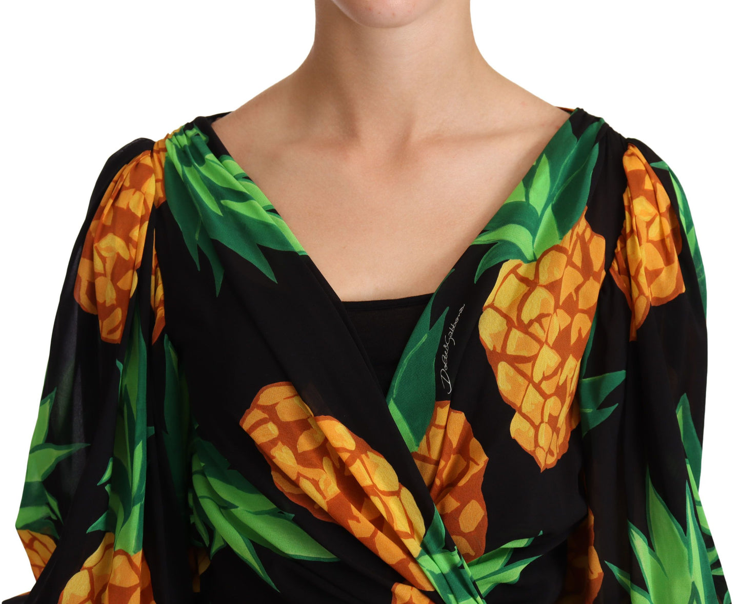 Dolce &amp; Gabbana – Schwarzes Wickelkleid aus Stretchseide mit Ananas-Print