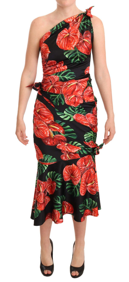 Dolce &amp; Gabbana Schwarzes, glänzendes, drapiertes Seidenkleid mit Blumendruck