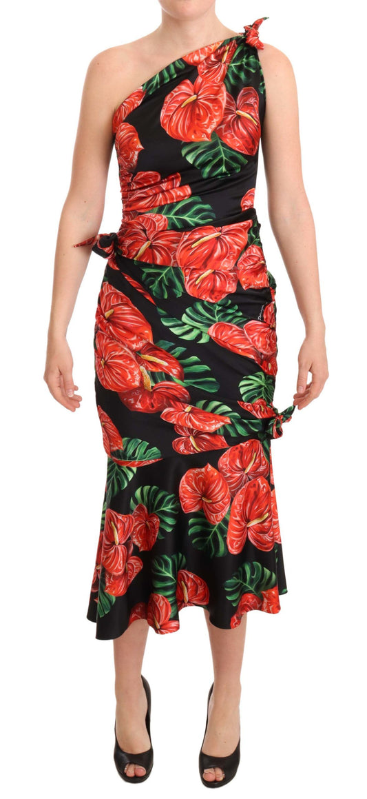 Dolce &amp; Gabbana Schwarzes, glänzendes, drapiertes Seidenkleid mit Blumendruck