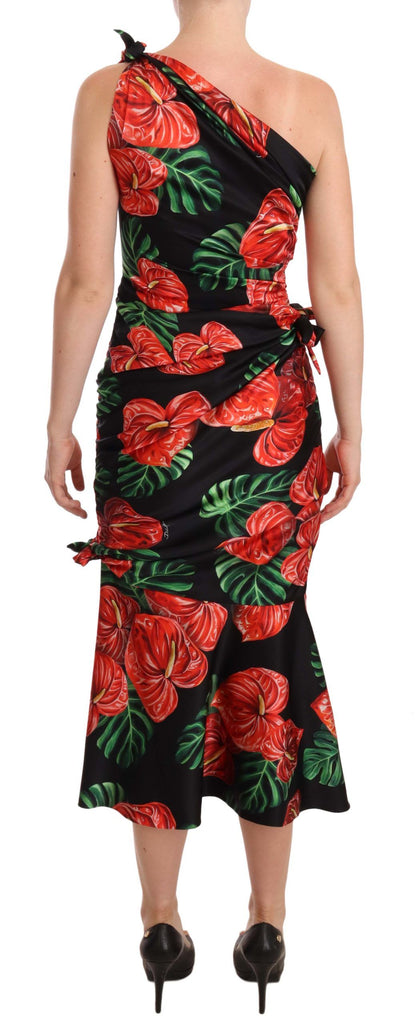 Dolce &amp; Gabbana Schwarzes, glänzendes, drapiertes Seidenkleid mit Blumendruck