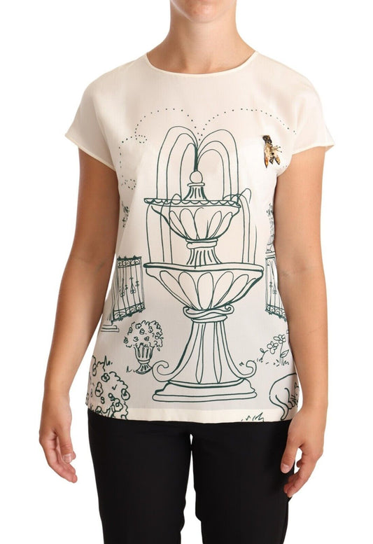 Dolce &amp; Gabbana – Weiße Seiden-T-Shirt-Bluse „Garden Fountain“